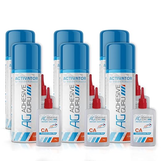 Adhesive Guru CA Glue with Activator Woodworking (6 x 0.9 oz - 6 x 3.38 fl oz) Cyanoacrylate Super Glue for Plastic, Glass, Ceramic, DIY, 3D Printing (6 Pack)