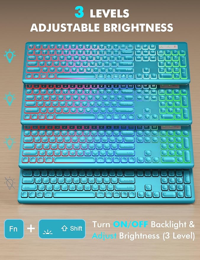 Wireless Keyboard and Mouse Combo - RGB Backlit, Rechargeable & Light Up Letters, Full-Size, Ergonomic Tilt Angle, Sleep Mode, 2.4GHz Quiet Keyboard Mouse for Mac, Windows, Laptop, PC
