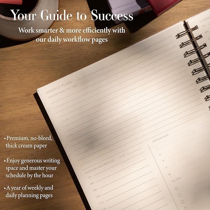 Anecdote Planner 2025 (8.5" x 10") Daily Planner Weekly Monthly Planner - 52 Weeks w/Library Buckram Cover, Brass Spiral - A4 Size Bleed-Resistant Paper – Olive Green