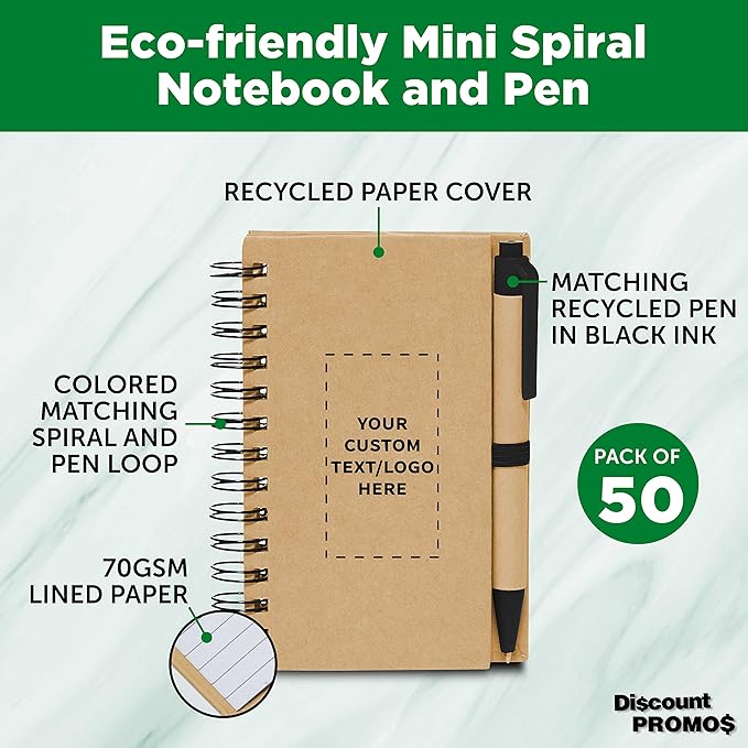 Custom Mini Spiral Notebooks with Black Ink Pens Set of 50, Personalized Bulk Pack - Perfect for School, Office, Business, Home - Black