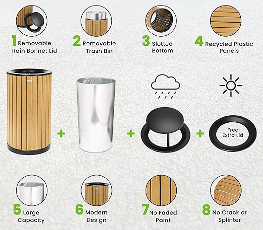 Alpine 32 Gallon Commercial Outdoor Trash Can - Heavy Duty Garbage Can Outdoor, Industrial Trash Can with Plastic Panels for Patio, Parks, Trails & Resorts (Rain Bonnet Lid - Cedar)