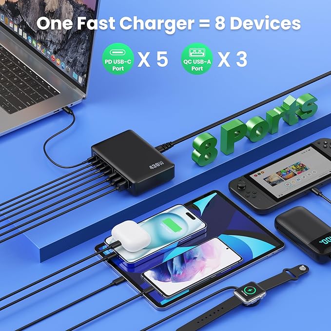 USB C Charger 430W USB C Charger Block 8-Ports GaN IV Fast Charging Station,PD 100W Laptop Charging Hub Wall Adapter Compatible with MacBook/Air,DELL,Steam Desk,iPhone 16/15/14,Galaxy S24 etc