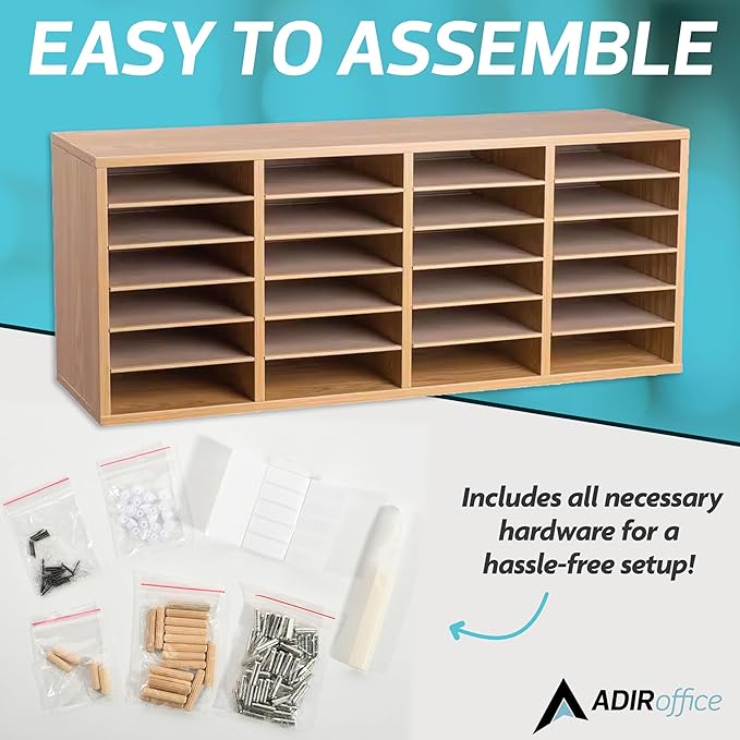 AdirOffice Wooden Adjustable Literature Organizer, 24 Compartment Office Mailbox, or Classroom Literature Organizer, Medium Oak