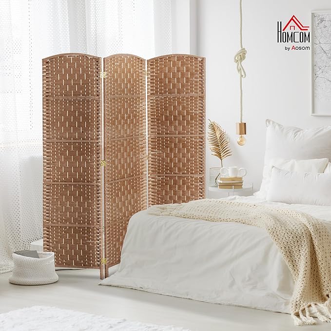 HOMCOM Room Divider, 3 Panel Folding Privacy Screen, 6FT Tall Portable Wicker Weave Partition Wall Divider for Bedroom, Home Office, Natural