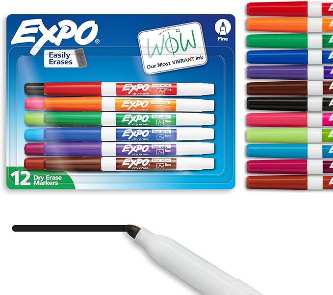 EXPO Low Odor Dry Erase Markers Fine Tip Assorted Colors 12 Count