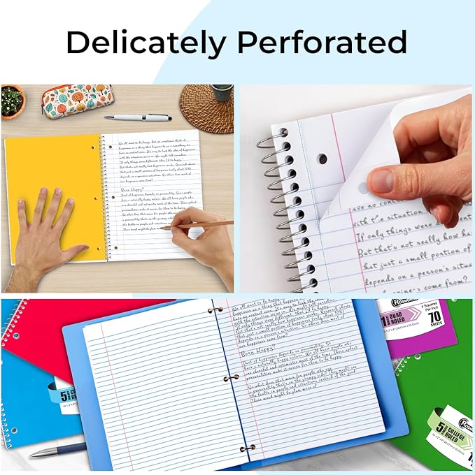 Spiral Notebook 12 Pack, 5 Subject, 300 Pages/Book (150 Sheets), College Ruled, 8 x 10-1/2, School & Office Bulk Spiral Notebooks, Spiral Journal for College, Soft Cover, Assorted Colors