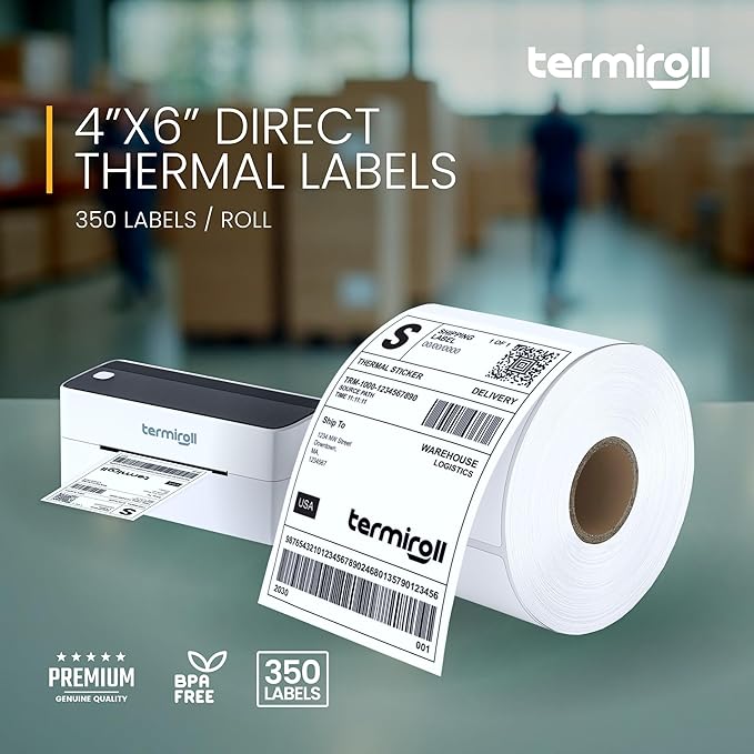 4x6 Thermal Labels – 350 Labels/Roll – Direct Thermal, Non-Perforated – Compatible with Rollo, Zebra, iDPRT, MUNBYN – Strong Adhesive, BPA-Free – Commercial Grade by TERMIROLL