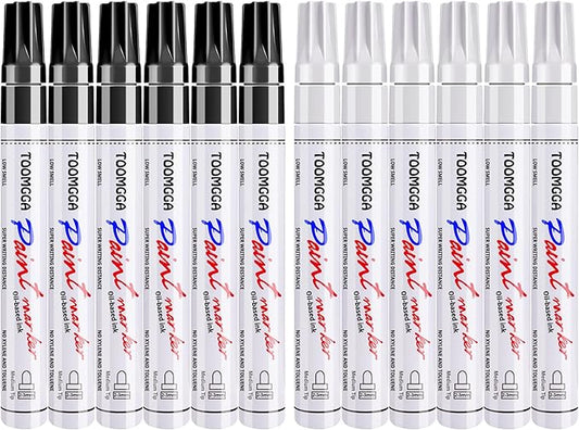 White and Black Permanent Markers Paint Pens - 12 Pack Oil Based Paint Markers, Medium Tip, Quick Drying Pens for Wood, Metal, Rock Painting, Mugs, Canvas, Clothes, Plastic Marking