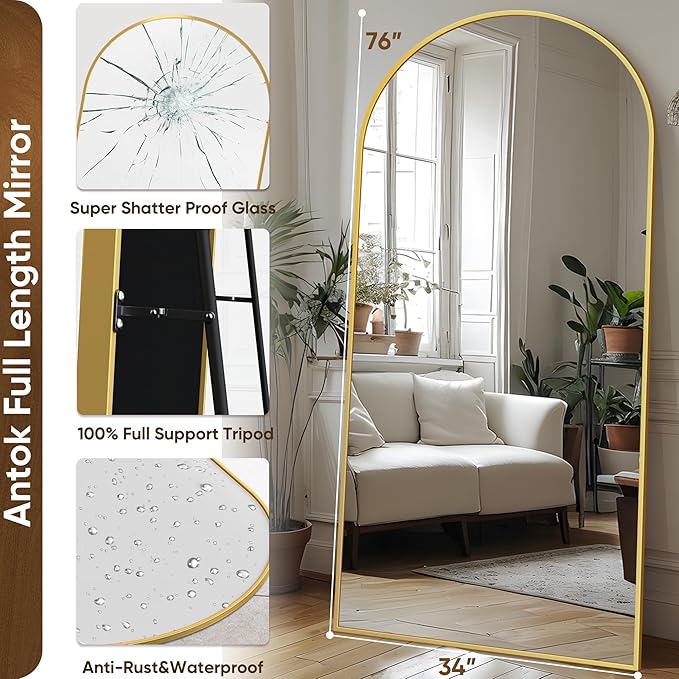 Antok Full Length Mirror, 76"x34" Arched Floor Mirror, Mirror Full Length with Stand, Wall Mounted Mirrors for Living Room Bedroom, Gold