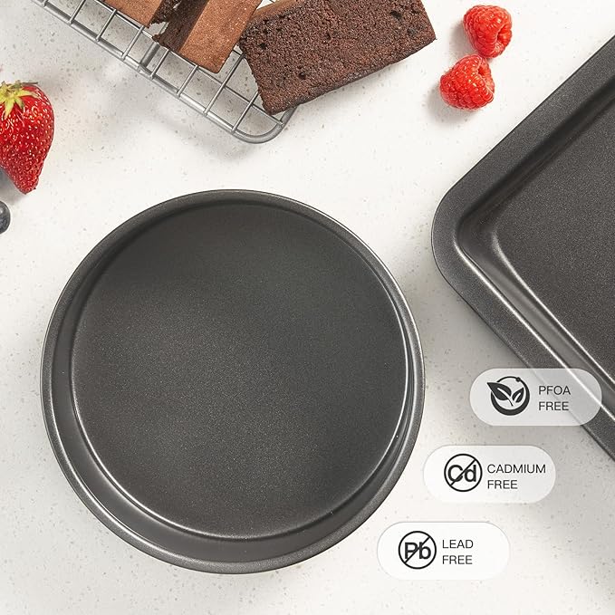 HONGBAKE 6 Inch Round Cake Pan Set for Baking with 30 Pieces Parchment Paper, Nonstick Deeper Circle Cake Pans with Wider Grips, 3 Pieces Layer Cake Tin, Cheesecake Mold, Huty Duty - Grey
