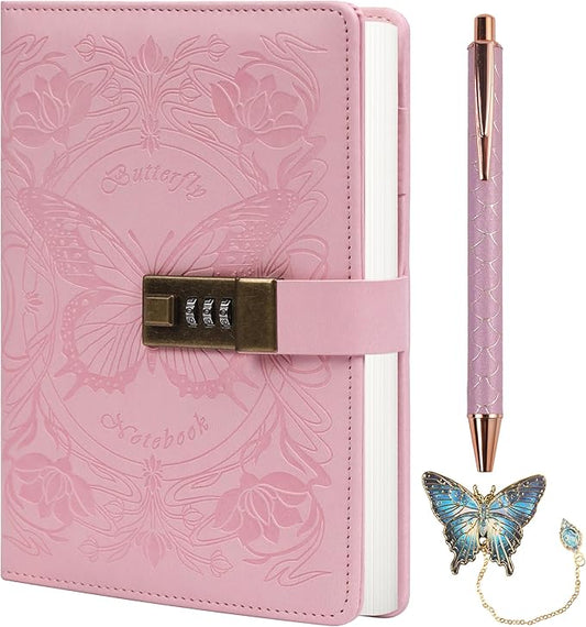 TIEFOSSI Diary with Lock for Women Girls, Lined Locked Journal, Butterfly Journal Notebook with Pen and Bookmark, A5 Refillable Locking Journals for Writing, 224 Numbered Pages