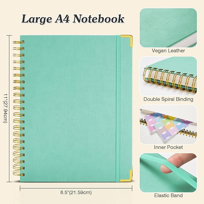 Bullet Dotted Journal Spiral Notebook, 300 Pages Leather Notebooks with Contens, 120 GSM Thick No Bleed Through Paper Journals, A4 Large Dot Grid Notebook for Women Men Work Writing, 8.5" x 11", Green