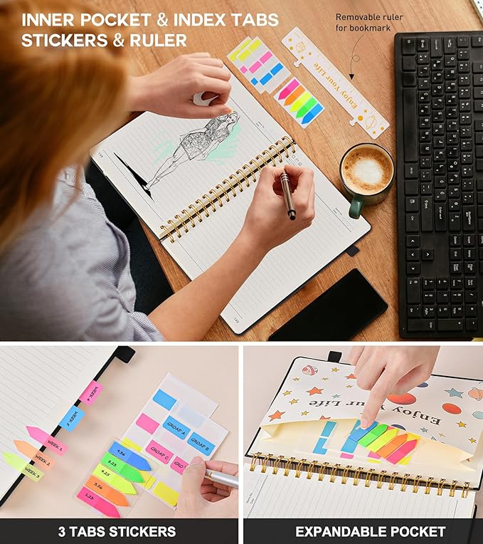 Spiral Notebook Journal for Women Men, 300 Numbered Lined Pages, College Ruled, A5 Hardcover Spiral Bound Notebook for School, Work, Note Taking Writing, Leather Spiral Journal Medium 5.9"x8.5"