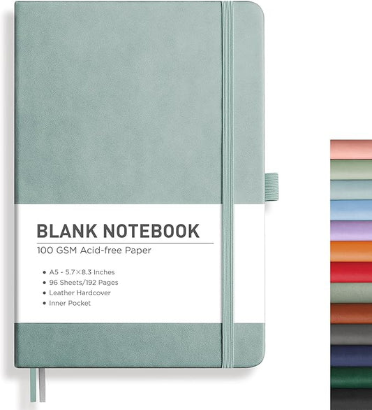 RETTACY Blank Journal Notebook, 192 Pages, A5 Medium Size (5.7'' x 8.3''), Leather Hardcover, 100 GSM Thick Paper, for Sketching, Drawing, Painting (Blue-gray)
