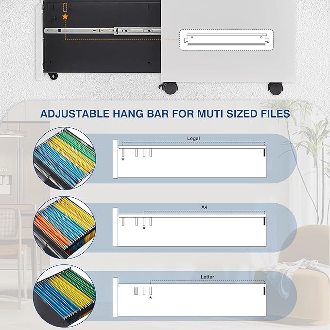 3 Drawer Mobile Metal File Cabinet, White Filling Cabinets with Lock, Pre-Built Office Storage File Cabinet with Wheels Under Desk - Assembled Required