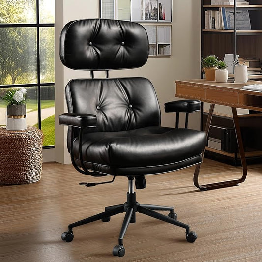 Mid Century Modren Big and Tall Office Chair,Large Ergonomic Executive Chair for Heavy Duty People, Computer Desk Task Chair with Wheels, Faux Lether Fabric Wide Chair for Home Sturdy,Black