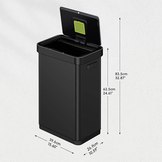 EKO Deluxe Mirage-T 50 Liter / 13.2 Gallon Touchless Rectangular Motion Sensor Trash Can, Matte Black Stainless Steel Finish