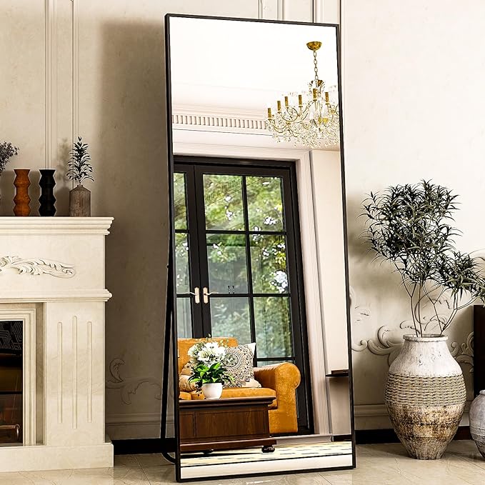 Full Length Mirror 64"x21" Black, Rectangle Wall-Mounted or Standing Full Body Mirror for Bedroom, Living Room, Dressing Floor Mirror