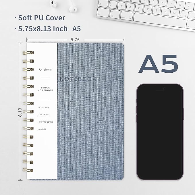 Lined Spiral Notebook College Ruled A5 Journal Book for Note Taking, 160 Pages Writing Journal for Office and Home School Supplies 5.75x8.125 inch (6pack-3Reefblue/3Black)