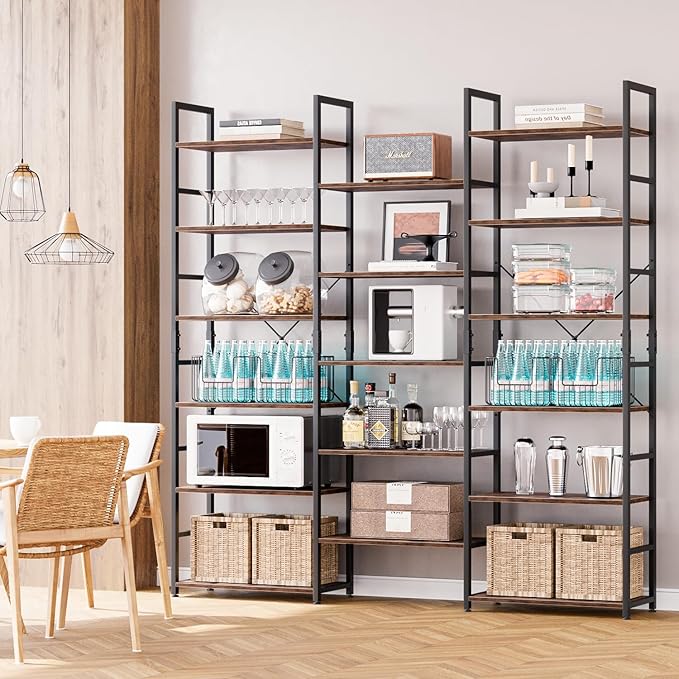 NUMENN Triple Column 6 Tier Bookshelf, Bookcase with 17 Open Display Shelves, Adjustable Rustic Industrial Style Book Shelves, Modern Bookshelves for Bedroom, Living Room and Home Office, Vintage