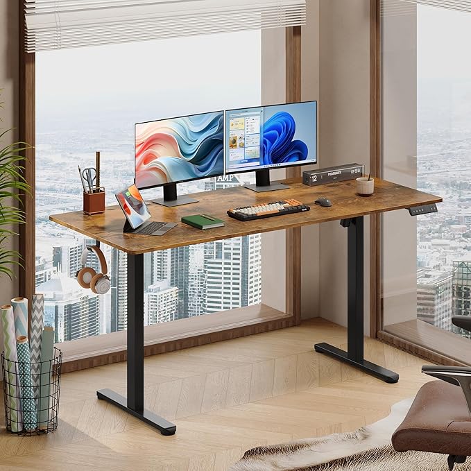 DEVAISE 63 Inch Electric Standing Desk, 3 Adjustable Height Stand up Desk for Home Office, Ergonomic Sit to Stand Desk with LED Touchscreen, Hook, 3 Memory Preset Computer Desk (Rustic Brown)
