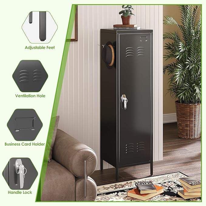 Aobabo Metal Storage Locker with Handle Lock, 54" H Steel Locker with Metal Hooks and Adjustable Shelf for School, Home, Office, Playroom, Assembly Required, Black