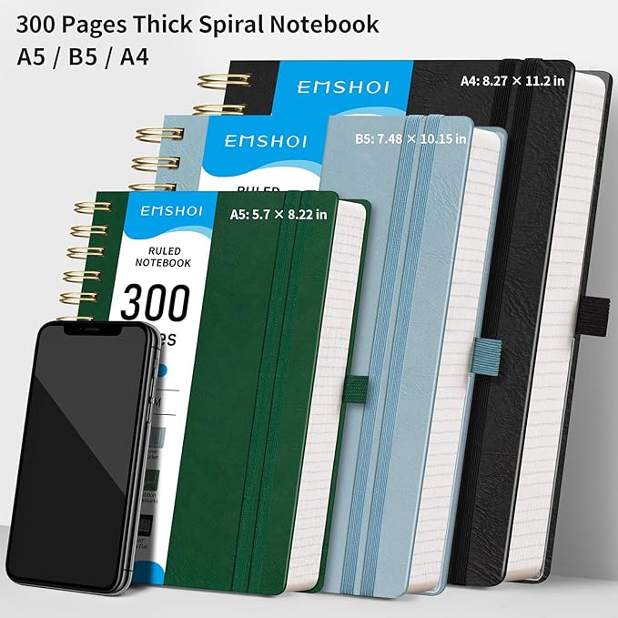 EMSHOI Spiral Notebook College Ruled, 300 Numbered Pages, B5 Large Hardcover Leather, 100 GSM Thick Lined Journal for Women Men Work Writing Journaling Note Taking, 7.48" x 10.15", Black