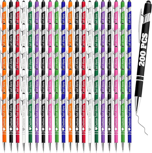 Personalized Pens Bulk 200 with Name Custom Engraving Ballpoint Pens with Stylus Tip Customized Smooth Writing Pens Personalized Gifts for Anniversary Birthday or Graduation(Assorted,Black Ink)