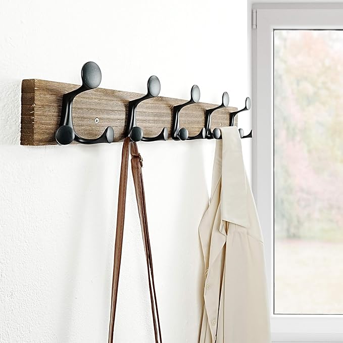SKOLOO 24-Inch Wood Burnt Coat Rack Wall Mount with 5 Triple Hooks - Ideal for Family Entrances, Classrooms, and Pet Supplies Storage - Perfect Coat Hooks for Wall, Pack of 2
