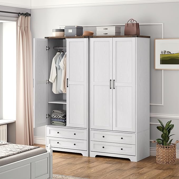 Brafab Armoire Wardrobe Closet with 2 Modern Doors, 71" Tall Freestanding Closet Wardrobe Cabinet with Drawers and Hanging Rail, Light Wooden Storage Cabinet with Shelve for Bedroom (White, 4 Doors)