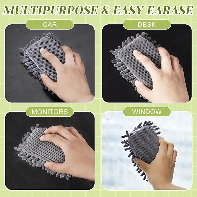 Zonon 4 Pieces Dry Erase Eraser Microfiber Shag Washable Whiteboard Eraser for Markers, Chalk, Classroom, Home and Office(Blue,Green,Gray)