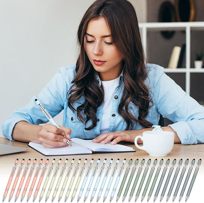 Zonon 38 Pieces Rubberized Ballpoint Pen with Stylus Tip Stylish Metal Pen Capacitive Styli with Soft Rubberized Grip, Black Ink for Most Devices(Morandi Colors)