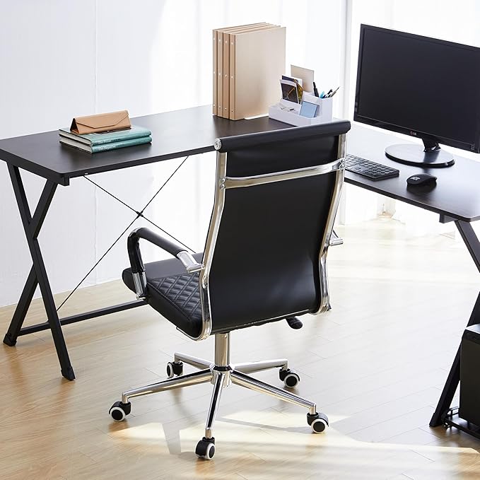 Livinia Modern Executive Office Chair with Patterned Back Design, Chrome & Leather Swivel Chair with High Back, Adjustable Height, Removable Armrests, and Wheels for Home Office (Black(Chrome))