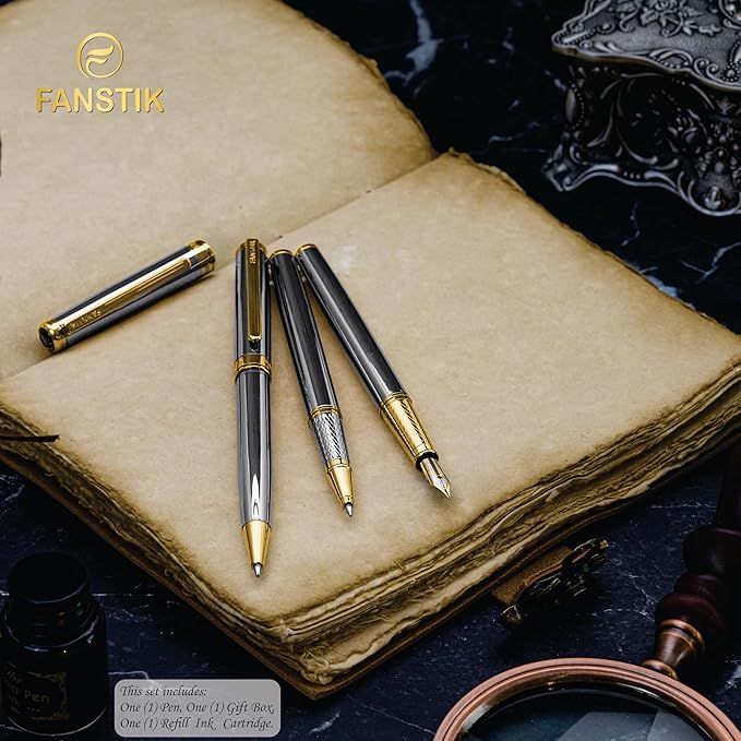 Silver&Gold Luxury fountain pen (Made In USA) fancy gift set for women, Real 24K Gold Plating, Professional executive pen gift set for men (Lux fountain Silver-Gold)