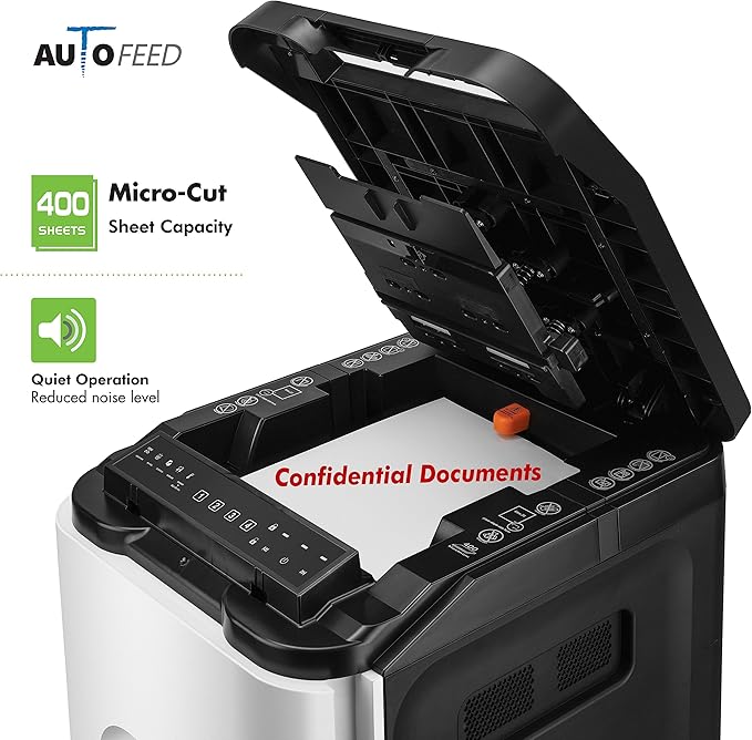 Aurora Commercial Grade 400-Sheet Auto Feed High-Security Micro-Cut Paper Shredder/ 240 Minutes/Security Level P-5