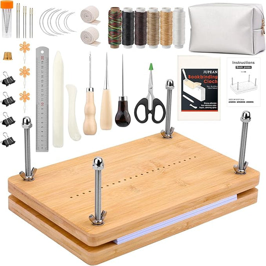 JUPEAN Bookbinding Kit, Book Making Kit, Bookbinding Punching Guide Set, 11.6”x7.9” Hole Punching Book Press Books Binding Materials with Bone Folder Awl Binding Strap for Craft DIY