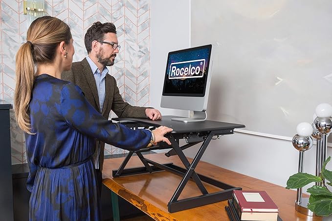 Rocelco 32" Height Adjustable Standing Desk Converter BUNDLE - Sit Stand Computer Workstation Riser with Anti Fatigue Mat - Dual Monitor Retractable Keyboard Tray Gas Spring - Black (R EADRB-MAFM)