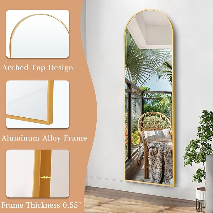 Arched Full Length Mirror, 58" x 18" Floor Mirror with Stand – Shatterproof Tempered Glass, Modern Aluminum Frame, Multi-Mount for Bedroom, Living Room, Gym, Gold