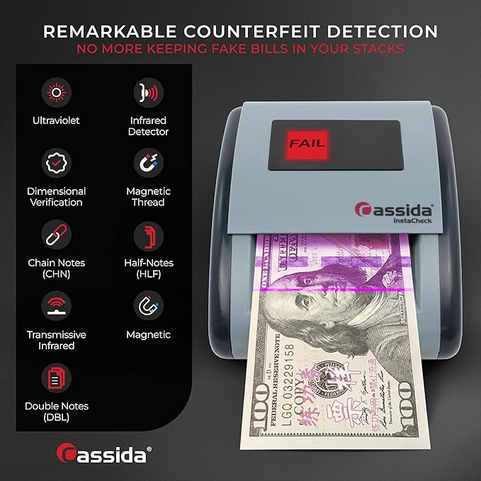 Cassida InstaCheck Small Footprint, Easy to Read Automatic Counterfeit Detector with Infrared, Magnetic and Ultraviolet Sensors, Compact and Lightweight Grey 11-3/4" x 9-1/2"