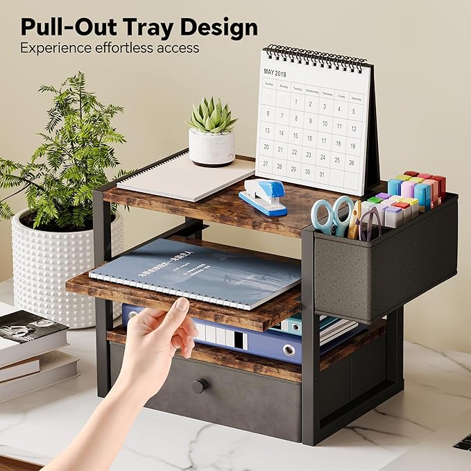 Desk Organizers and Accessories, 4-Tier Paper Letter Tray File Organizer with Fabric Drawer & 3 Pen Holder, Office Desk Accessories Workspace Desktop Organizer for Office Supplies, Rustic Brown