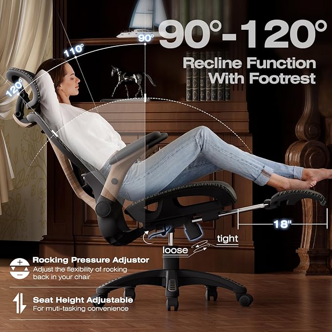 ELABEST X100 Ergonomic Office Chair with Footrest, Big and Tall Home Desk Chair with 5D Flip-Up Arms, Adjustable 9D Lumbar Support,High Back Rolling Computer Chair, Swivel Mesh Chairs (Coffee Break)