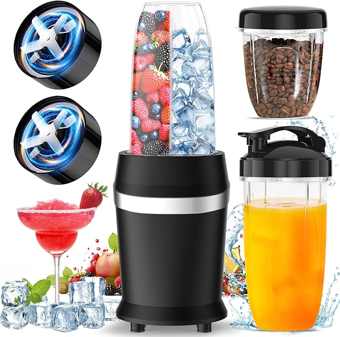 12-Piece Smoothie Blender Maker 25,000 RPM Personal Blender for Ice Crushing Smoothies & Frozen Drinks Nuts with 23oz, 32oz, 37oz Portable Cups Two 6-Leaf Stainless Steel Blades, Black