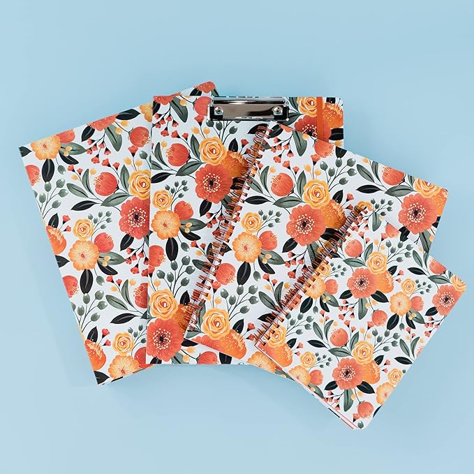 Steel Mill & Co Cute Large Spiral Notebook College Ruled, 11" x 9.5" with Durable Hardcover and 160 Lined Pages, Orange Floral