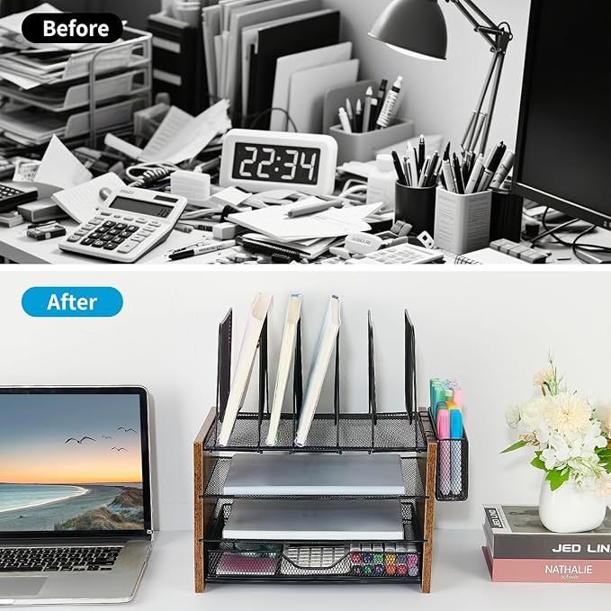 Wood Desk Organizers and Accessories, 4-Tier Workspace Desktop Paper Organizer with Drawer, 5 Vertical File Holders and Pen Holder for Office Supplies