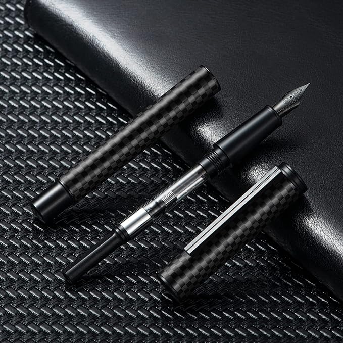 Hongdian Carbon Fiber Fountain Pen Fine Point, Slim Style with Converter and Metal Pen Case, The Light of Hope Serise