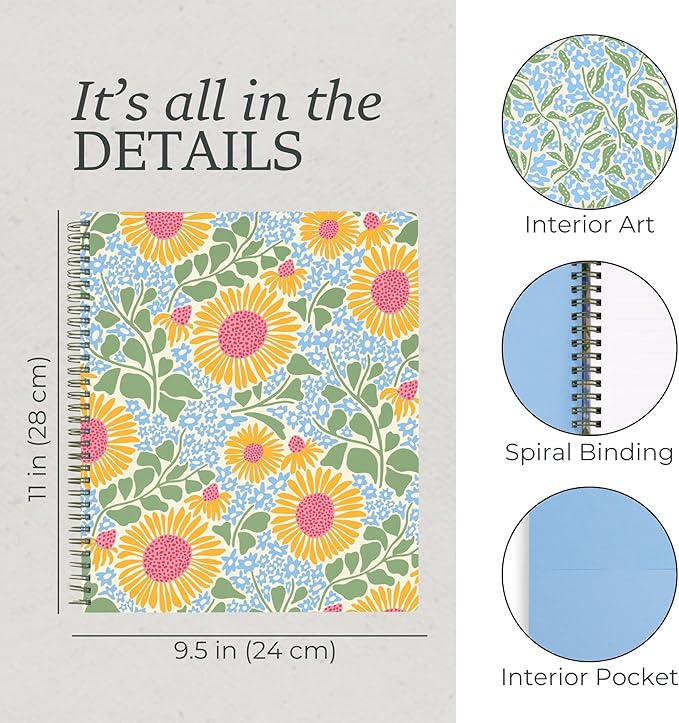 Steel Mill & Co Cute Large Spiral Notebook College Ruled, 11" x 9.5" with Durable Hardcover and 160 Lined Pages (Sunflower)