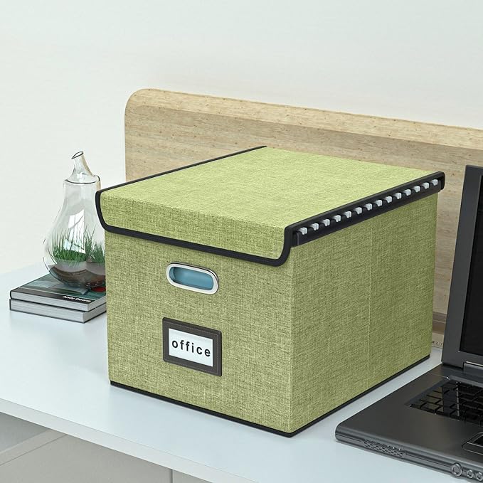 Huolewa File Organizer Boxes with Lids, Linen Hanging Filing & Storage Box with Plastic Slide for Office/Decor/Home, Universal Hanging Filing Organization Box for Letter/Legal Folder