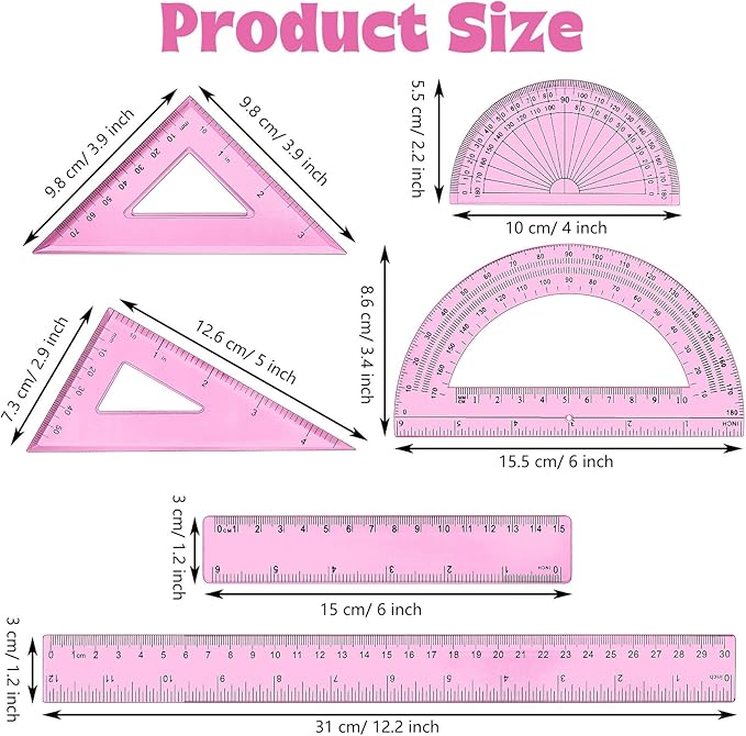 Tenare 1 Set Plastic Clear Math Set Includes Protractor Triangle Rulers 12 Inch 6 Inch Straight Geometry Math Transparent Ruler Measuring Tool for School Office Home Supplies(Pink)
