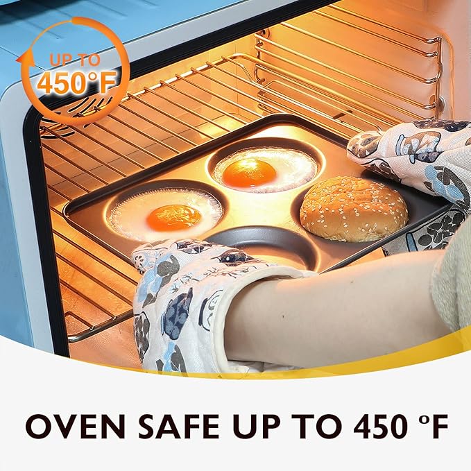 HONGBAKE Large Muffin Top Pan Set of 2, 4 Cup Nonstick Hamburger Bun Baking Pan, Jumbo Whoopie Pie Pan for Egg Sandwich, Cornbread, Layer Cake