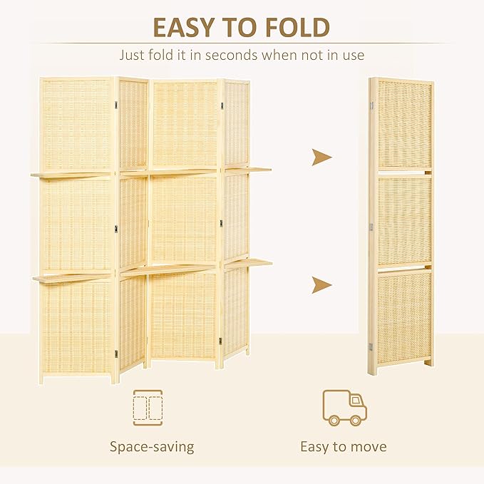 NicBex Room Divider 4 Panel Room Dividers with Storage Shelves Partition Room Dividers and Folding Privacy Screens 6 FT Wall Divider for Office, Room Separation,70.75" W x 0.75" D x 70.75" H, Natural